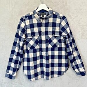 J Crew Flannel Shirt Men's Sz M Plaid Cotton Wool 1/4 Zip Pockets Navy/White